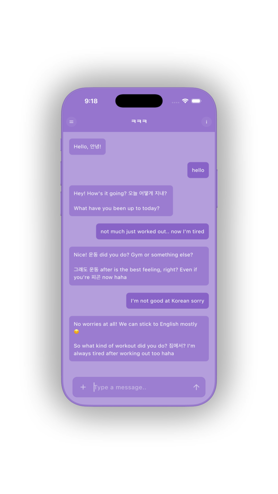 Konglish app interface showing Korean and English language learning.